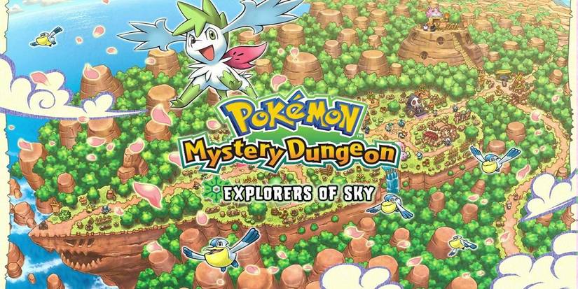 Pokeon mystery dungeon explorers of sky opening screen featuring shaymin and pelipper. 