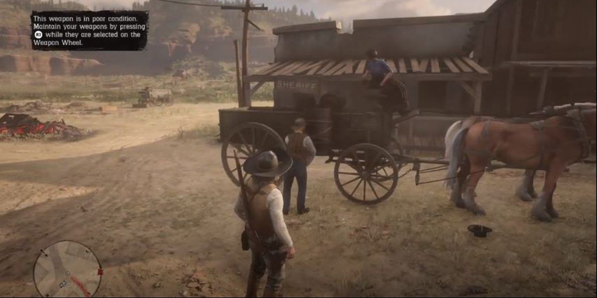 John Marston talking to family on wagon in Armadillo from Red Dead Redemption 2