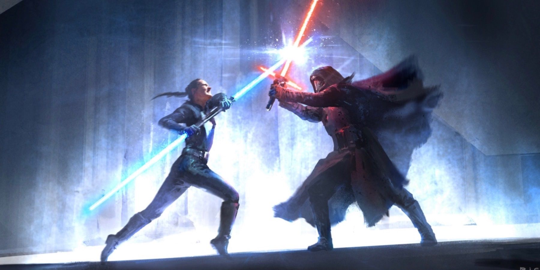 Rey and Kylo Ren in Duel of the Fates concept art