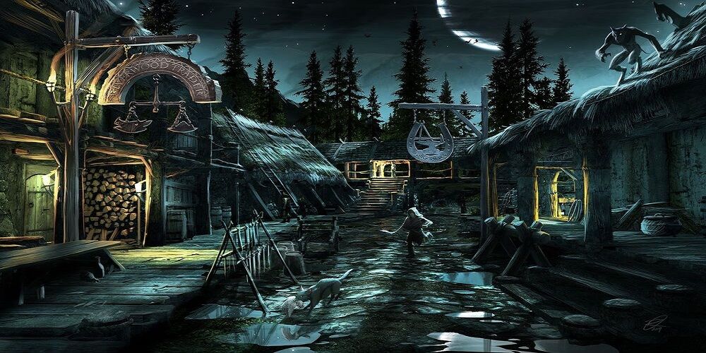 Elder Scrolls Skyrim Riverwood Concept Art Nighttime Child Running Werewolf On Roof of Inn