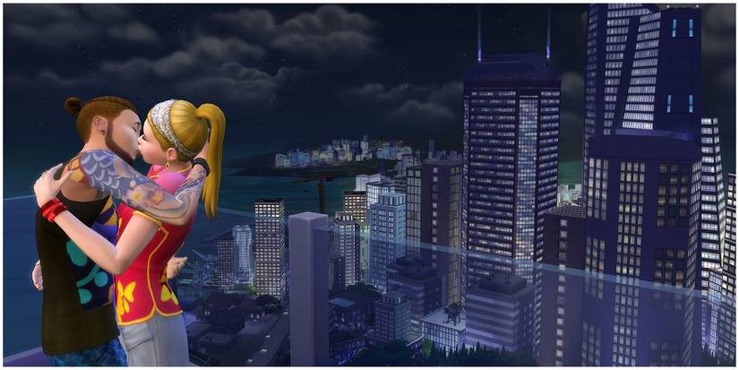 Two Sims kissing with San Myshuno in the background