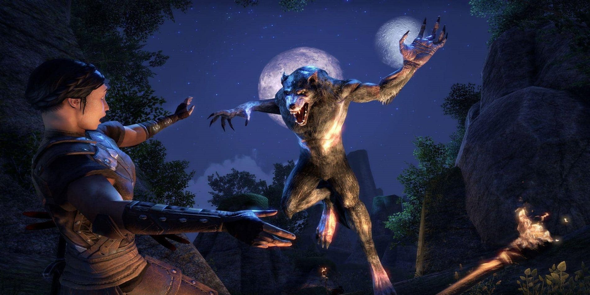 Elder Scrolls Online Leaping Werewolf Attacking Woman Warrior Nightime