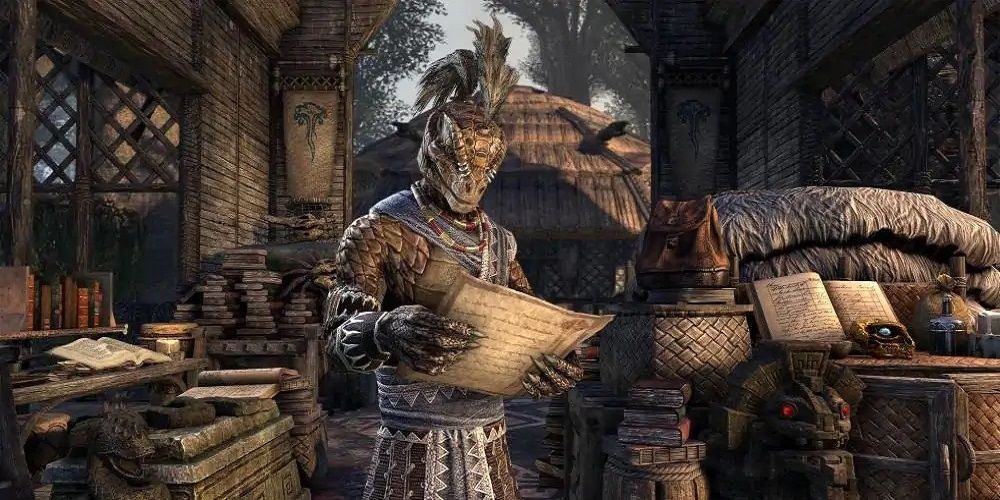 Elder Scrolls Argonian Reading a Scroll in a Shed Many Books and Scrolls Around Him Daytime