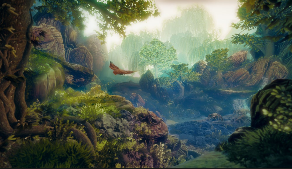 A lush green forest is filled with creatures.