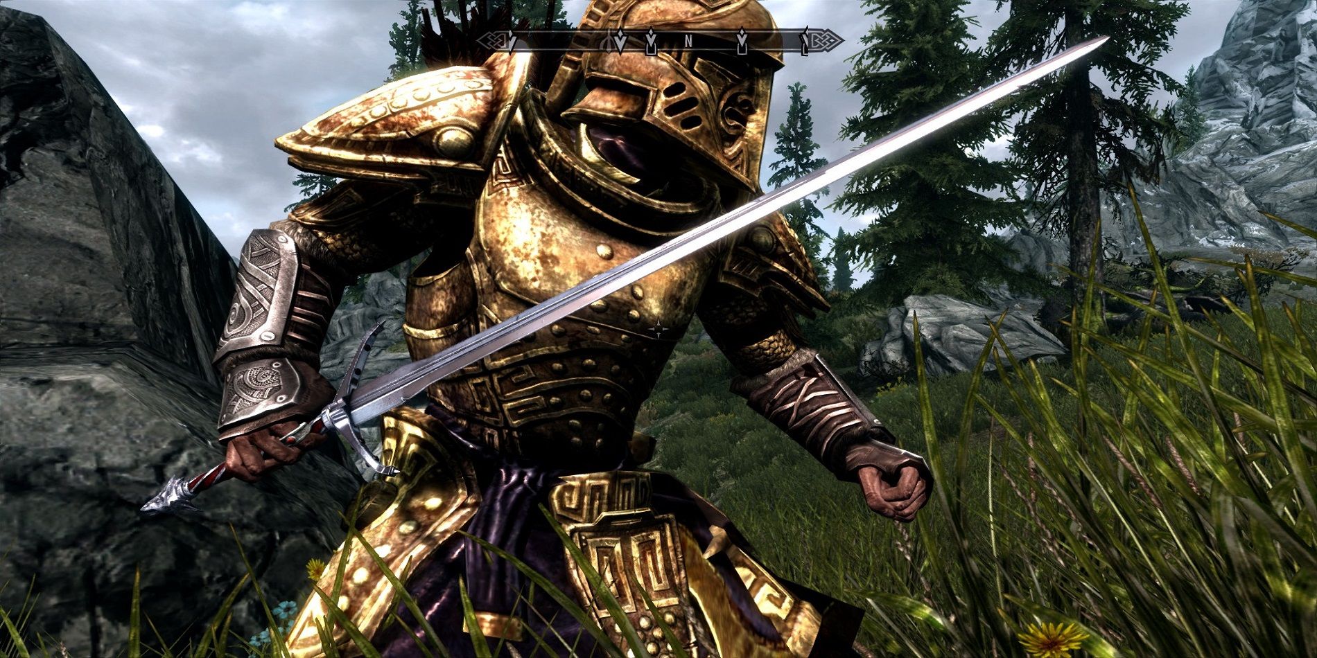 Elder Scrolls Skyrim Dwarven Armored Warrior Wielding Silver Sword Daytime Forest