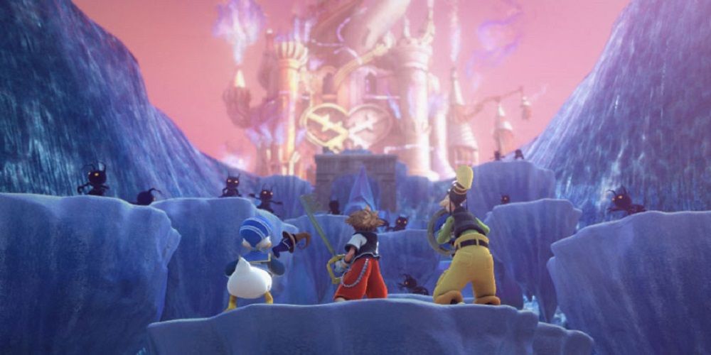 Sora, Donald, and Goofy fight heartless at Hollow Bastion in Kingdom Hearts 1