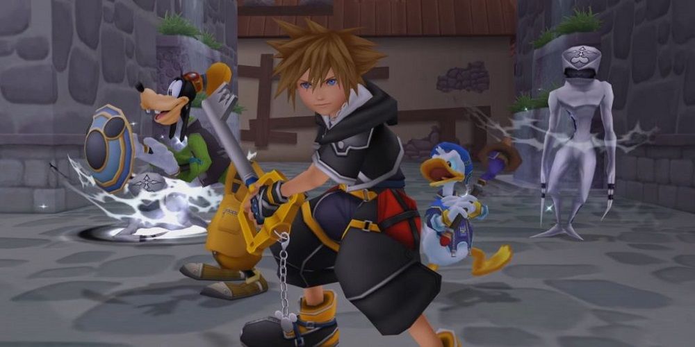 Sora, Donald, and Goofy fight nobodies at Radiant Garden