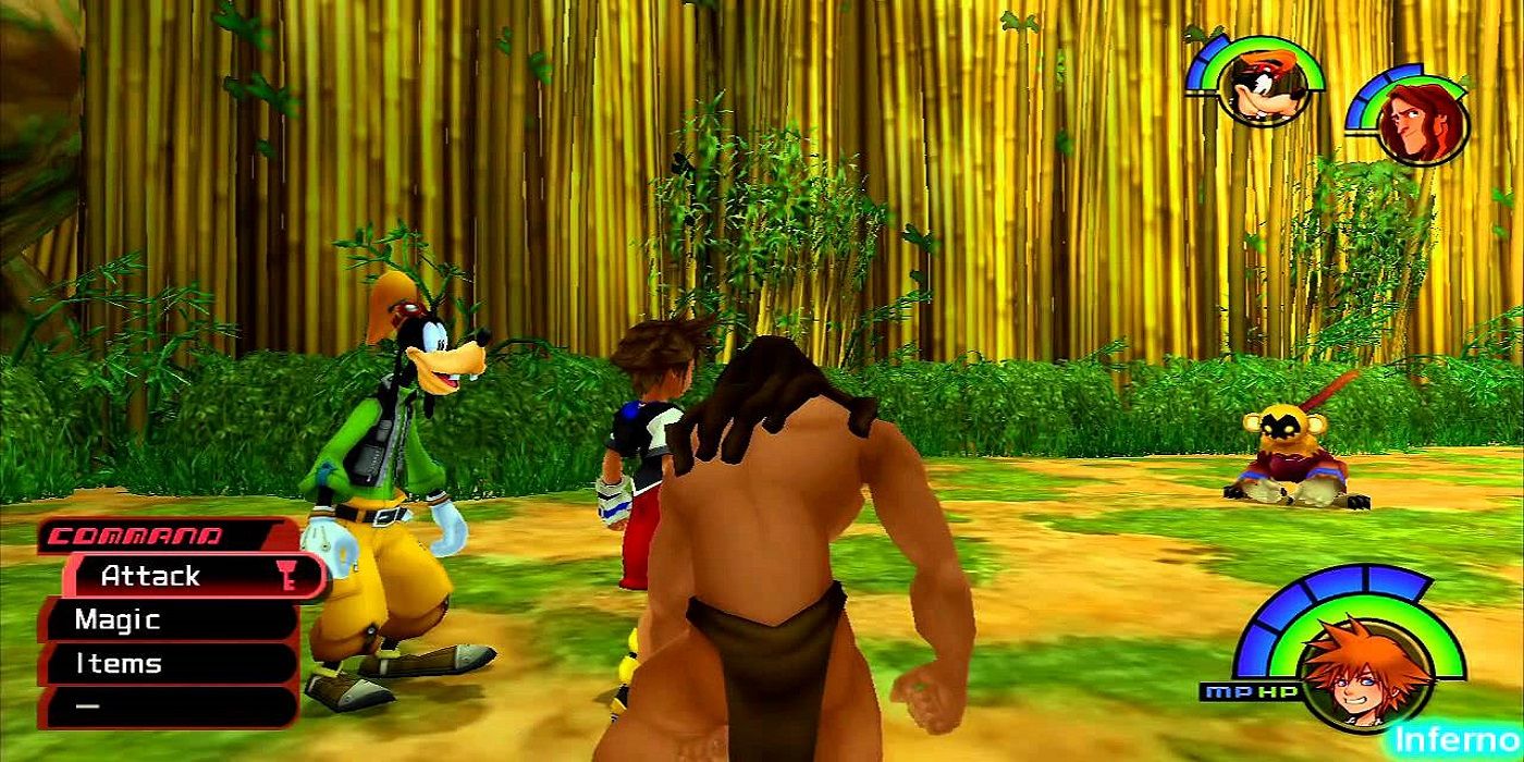 Sora, Tarzan and Goofy in the deep jungle in Kingdom Hearts 1