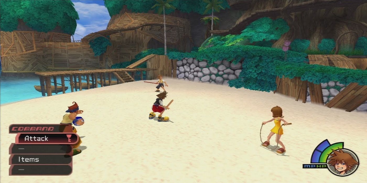Sora fights Tidus, Wakka, and Selphie at Destiny Islands in Kingdom Hearts 1