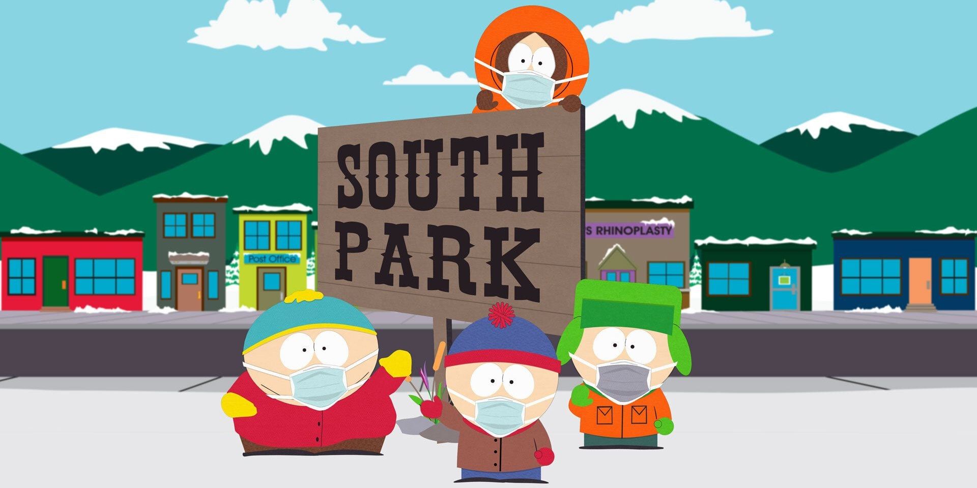 Stan, Kyle, Cartman, and Kenny stand by the South Park sign wearing masks