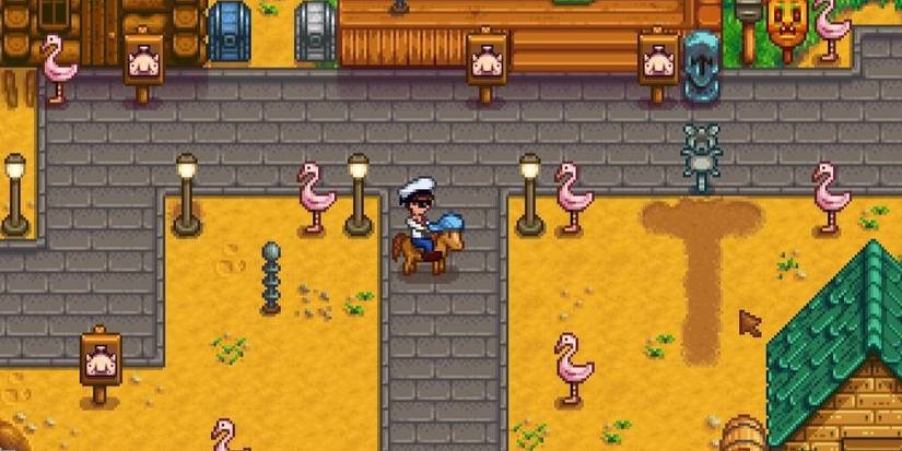 A player and their horse wearing hats in Stardew Valley