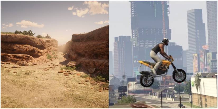 Jorge's Gap in Red Dead Redemption 2 and a stunt jump in Grand Theft Auto V