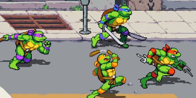 Teenage Mutant Ninja Turtles Shredder's Revenge all 4 Turtles zoombed in