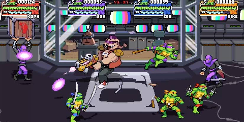 Teenage Mutant Ninja Turtles Shredder's Revenge fighting gun wielding Bebop boss