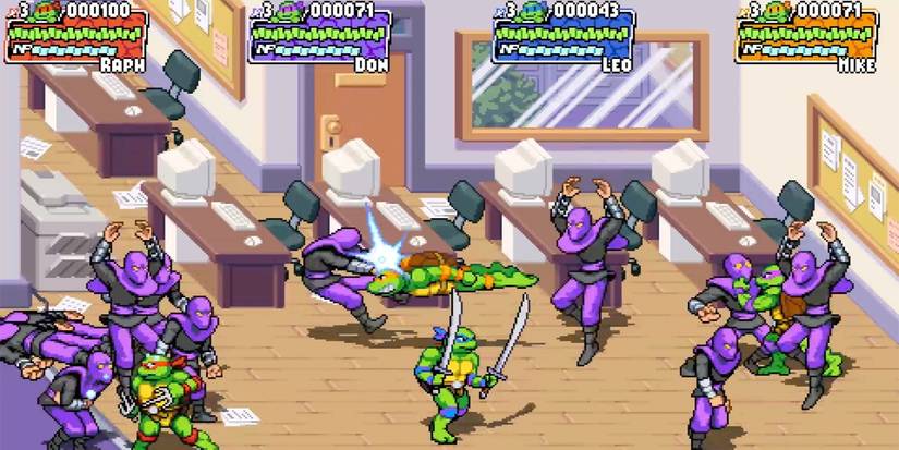 Teenage Mutant Ninja Turtles Shredder's Revenge fighting Foot in Office