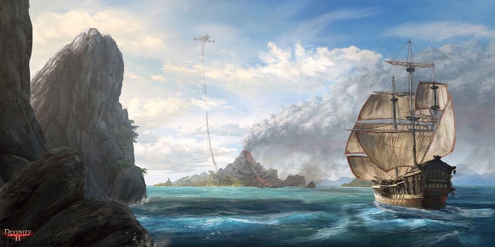 Divinity Original Sin 2 The Nameless Isle in the Distance with The Lady Vengeance Ship Sailing Towards the Island