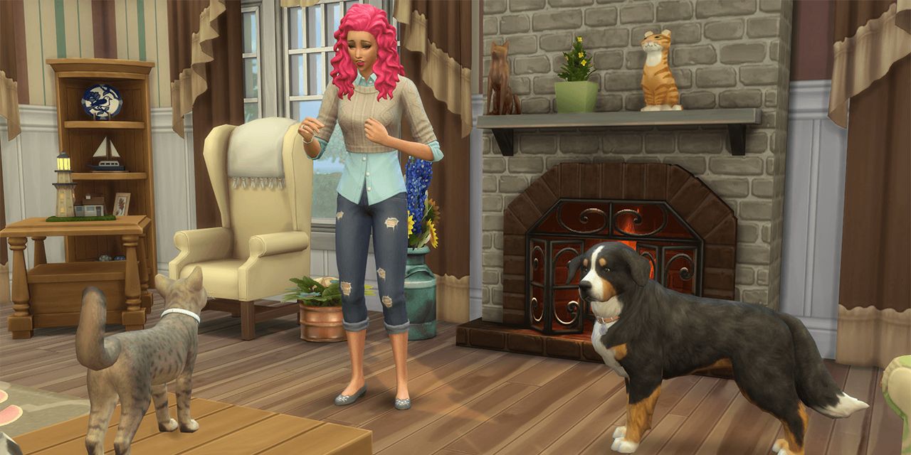 The Sims 4 Cats and Dogs key art sims with cat and dog in house