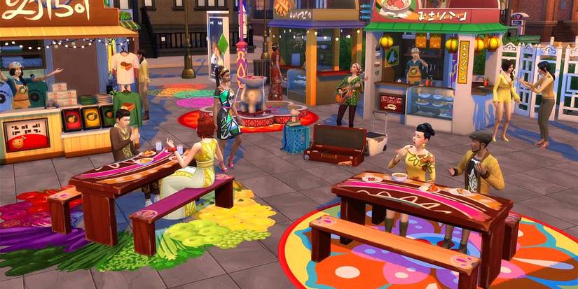 The Sims 4 City Living key art sims enjoying city life