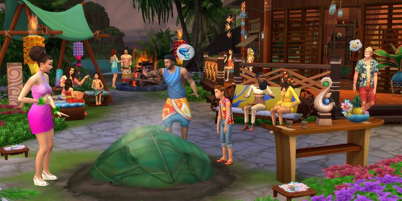 The Sims 4 Island Living key art sims outside on beach by fire