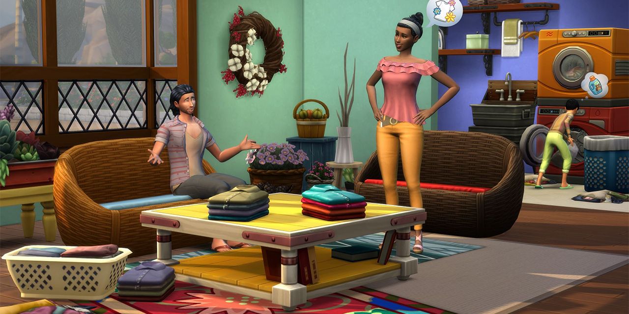 Персонажи The Sims 4 «День стирки» стирают белье дома