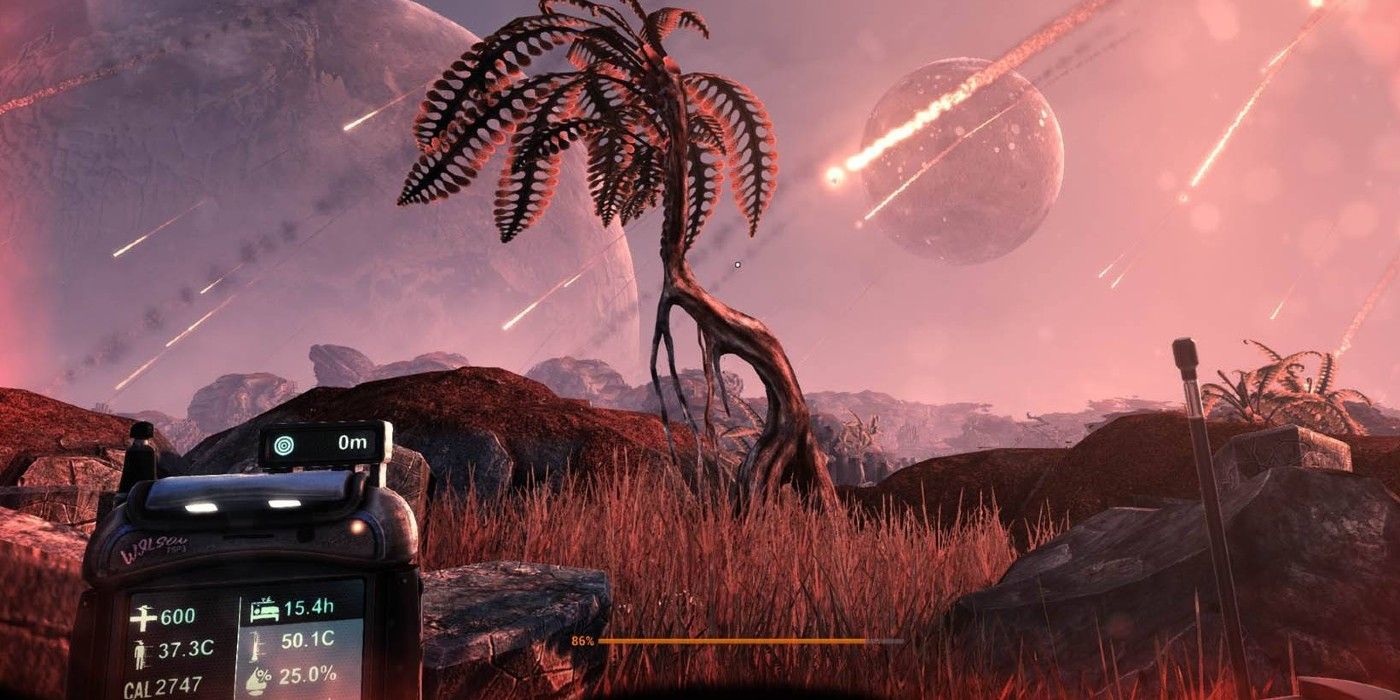 The Solus Project first person with gadget sunset shooting stars planets