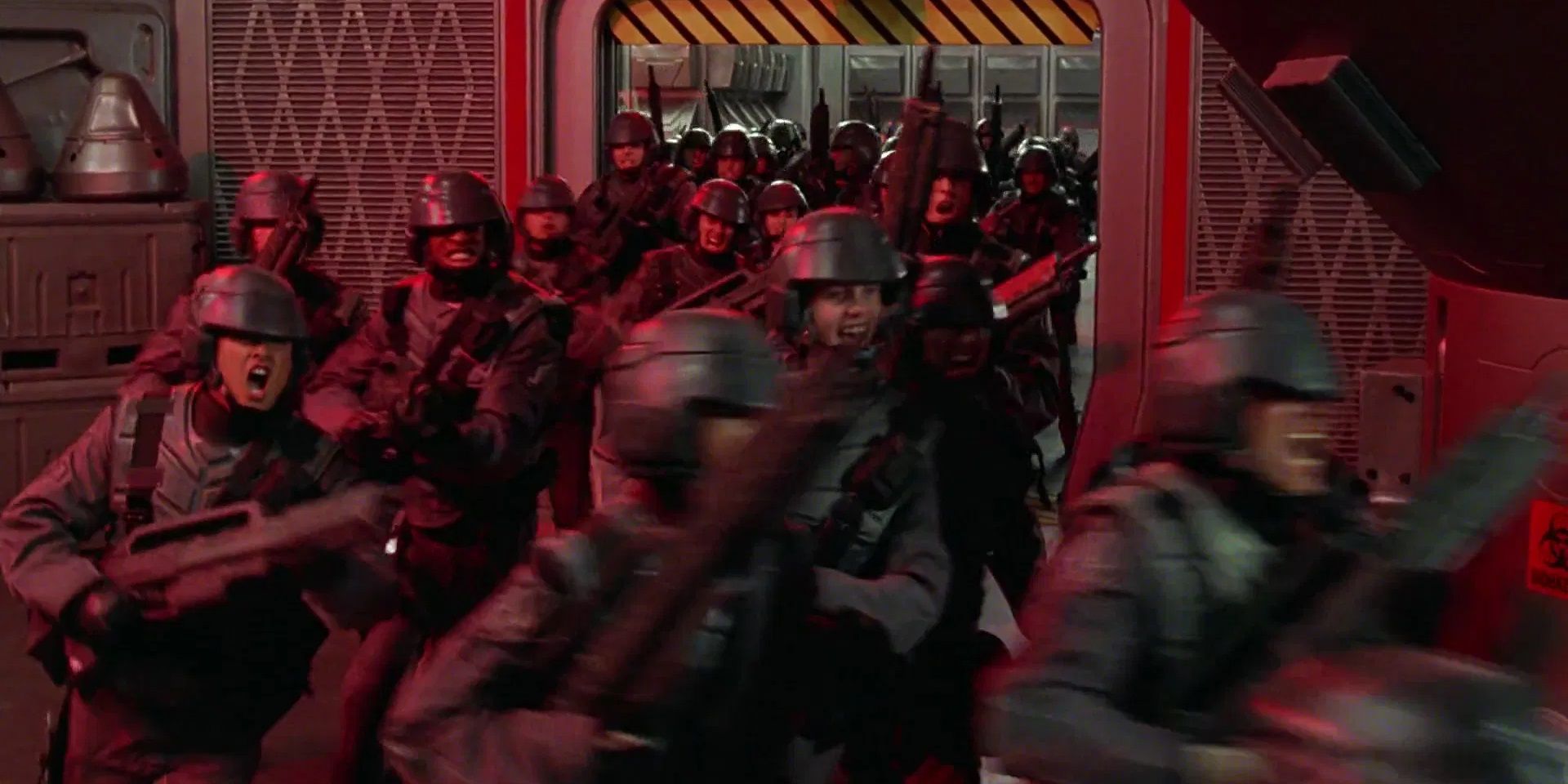 The soldiers march into war in Starship Troopers