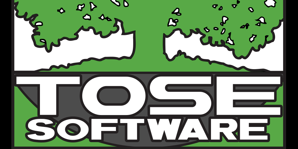 White and green TOSE Software design. The words "Tose Software" are written in big white letters with an all green colored red-oak tree in the background.