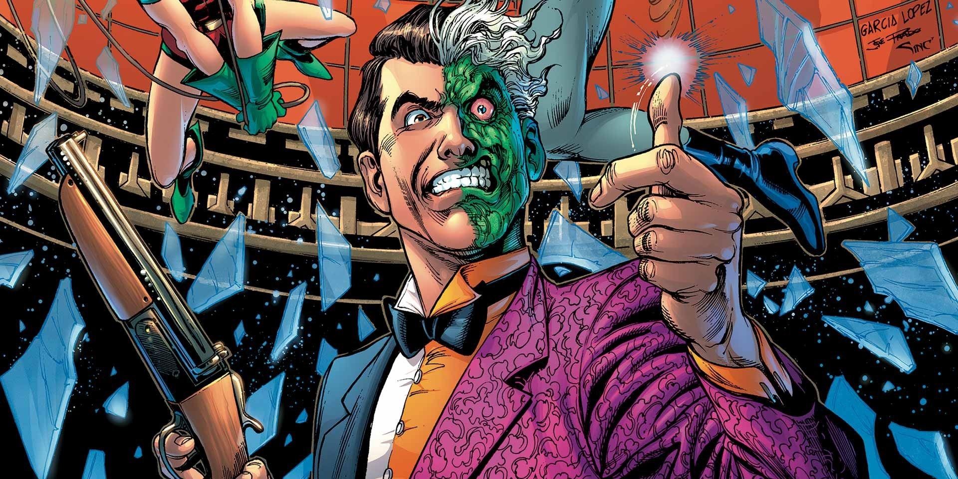 Two-Face flipping his coin in the Batman comics