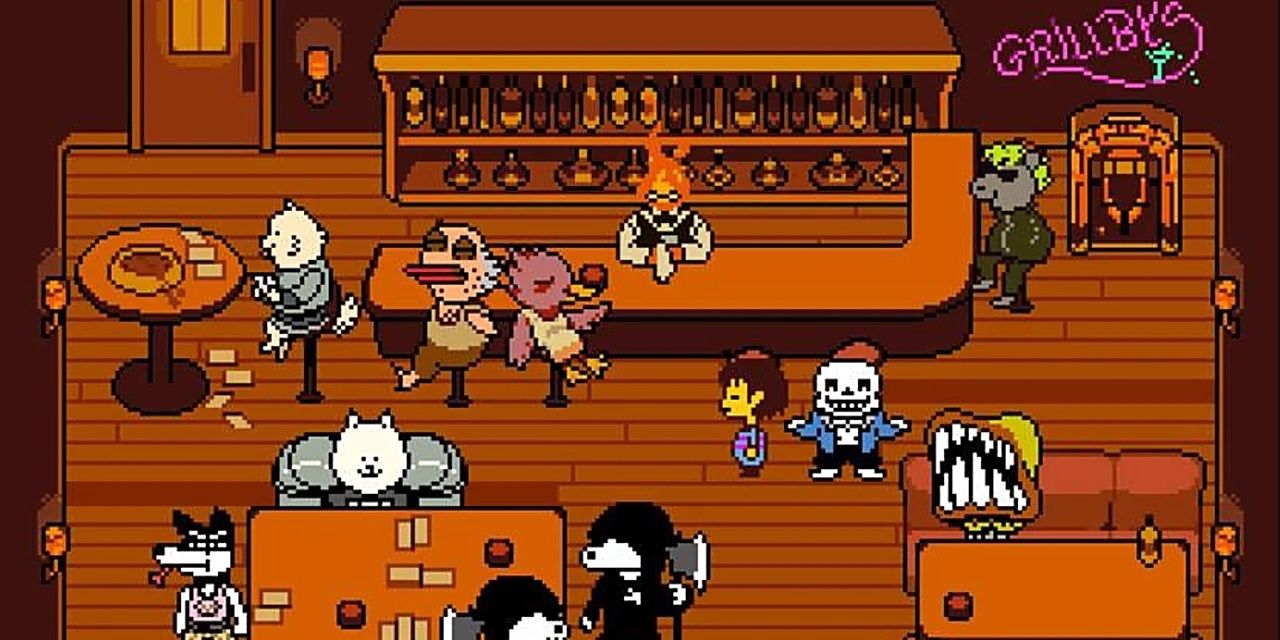 Sans and the player at Grillby's in Undertale