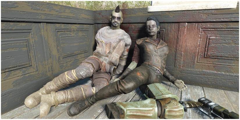 Two corpses located in the town, with a unique outfit on the man