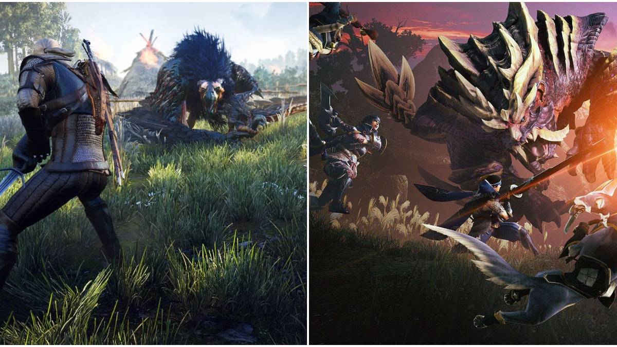(Left) Geralt fighting a beast in Witcher 3 (Right) Characters fighting a monster in Monster Hunter: Rise