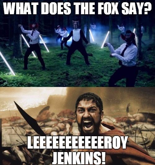 The main character of 300 imitating Leeroy Jenkins from World of Warcraft towards What Does The Fox Say