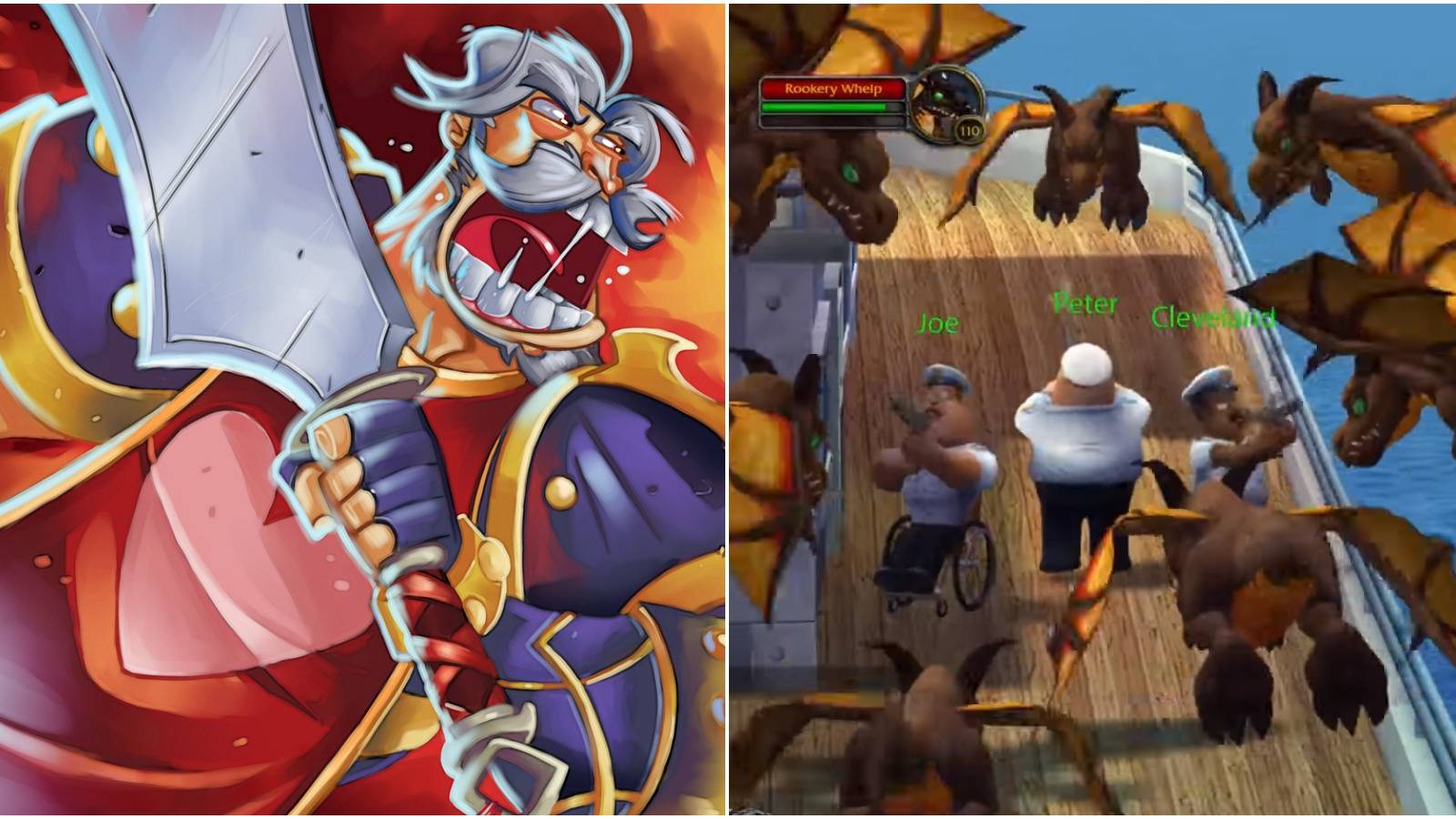 The official Hearthstone art of Leeroy Jenkins from World of Warcraft next to a Family Guy recreation