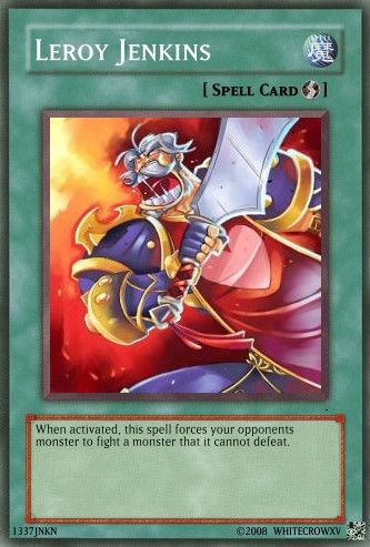 A fake YuGiOh card using the Hearthstone art of Leeroy Jenkins from World of Warcraft