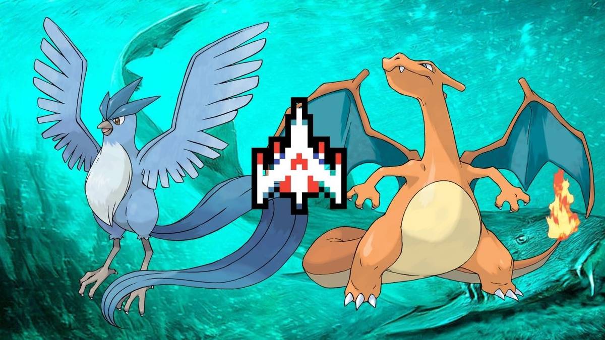charizard, articuno, over image of galagadon shark