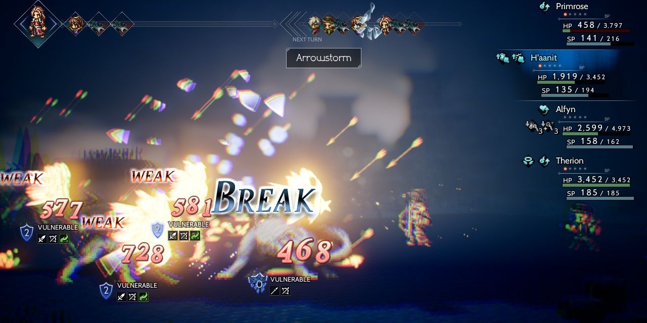 H'aanit using Arrowstorm in Octopath Traveler