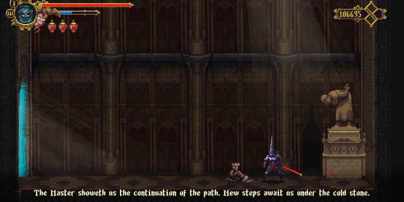 player speaking with the npc redento near a status and hidden entrance.