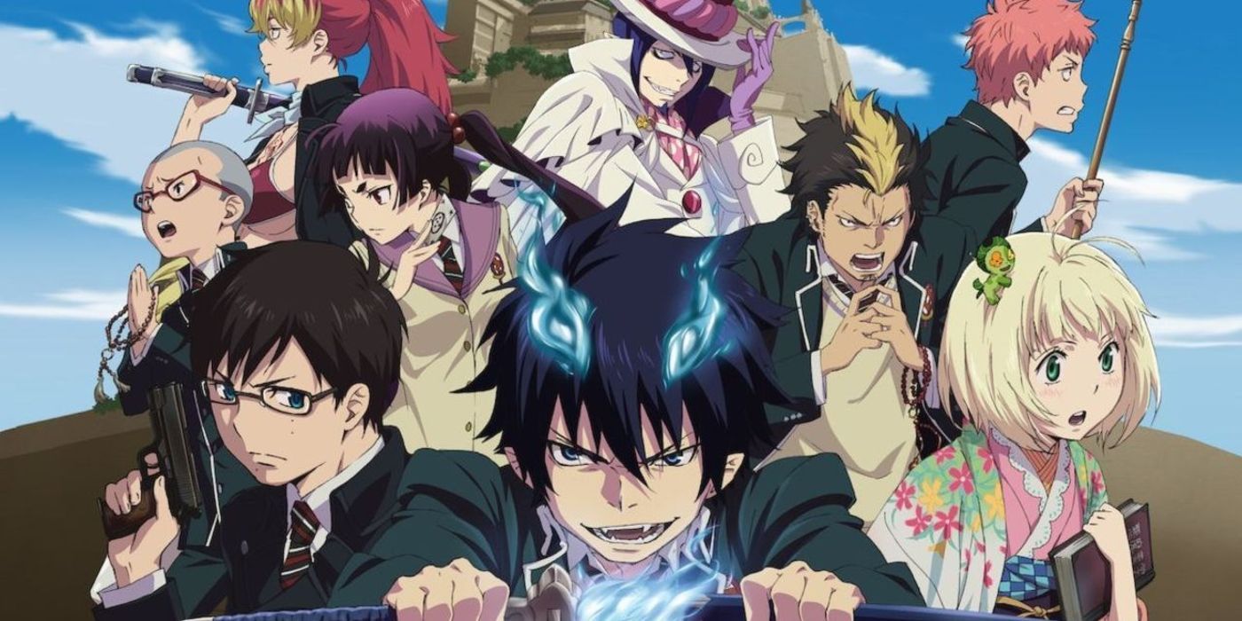 A bunch of characters stand together with the backdrop of a sky in Blue Exorcist