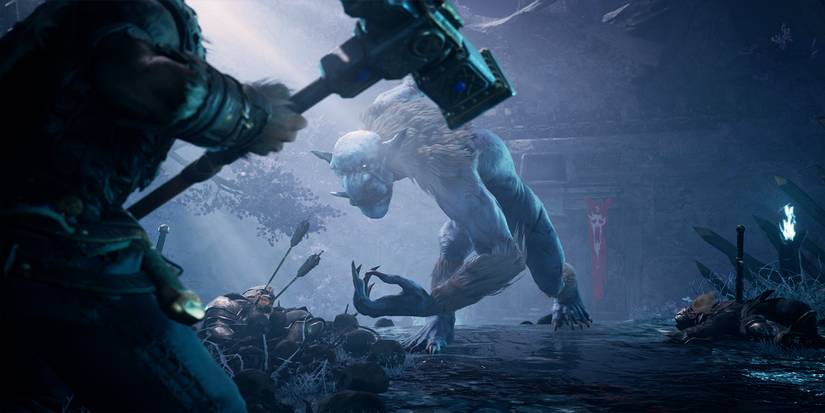 Bruenor wielding hammer staring down troll