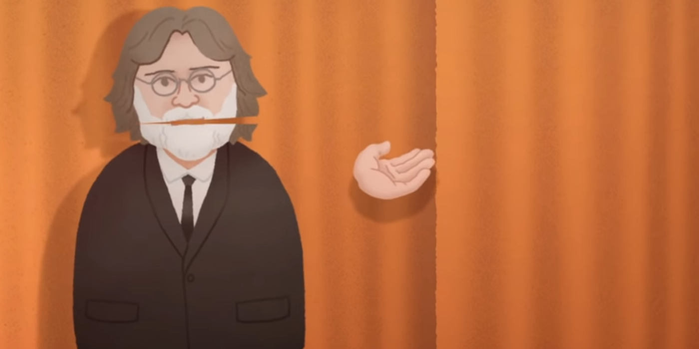 characterized gabe newell in front of a curtain