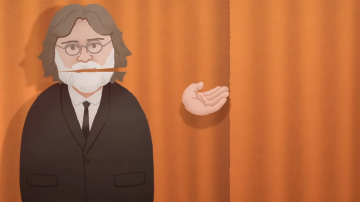 characterized gabe newell in front of a curtain