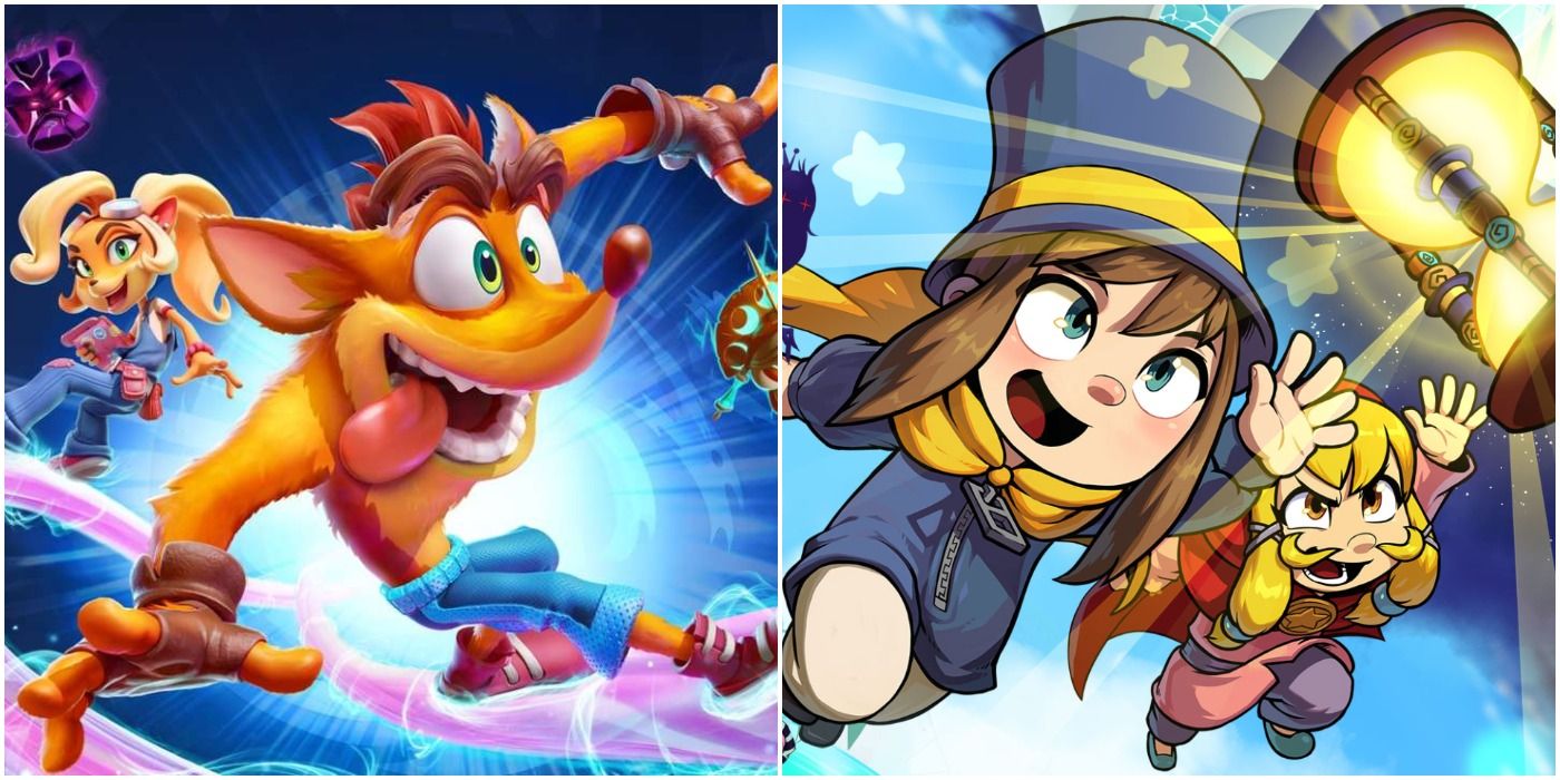 (Left) Crash and Coco sliding in promotional art (Right) Hat Girl and Moustache Girl from A Hat In Time reaching for hourglass in promotional image