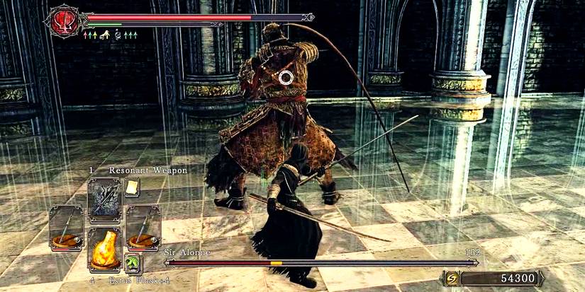 player fighting a boss while wielding 2 katanas.