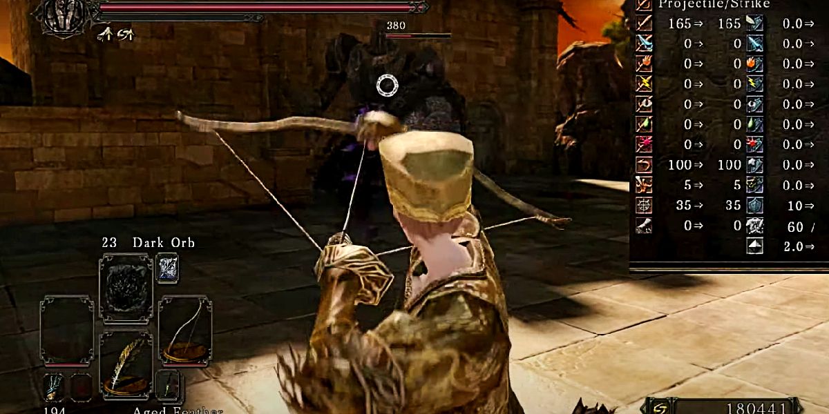 close up of a player fighting a large enemy with a curved wooden bow.