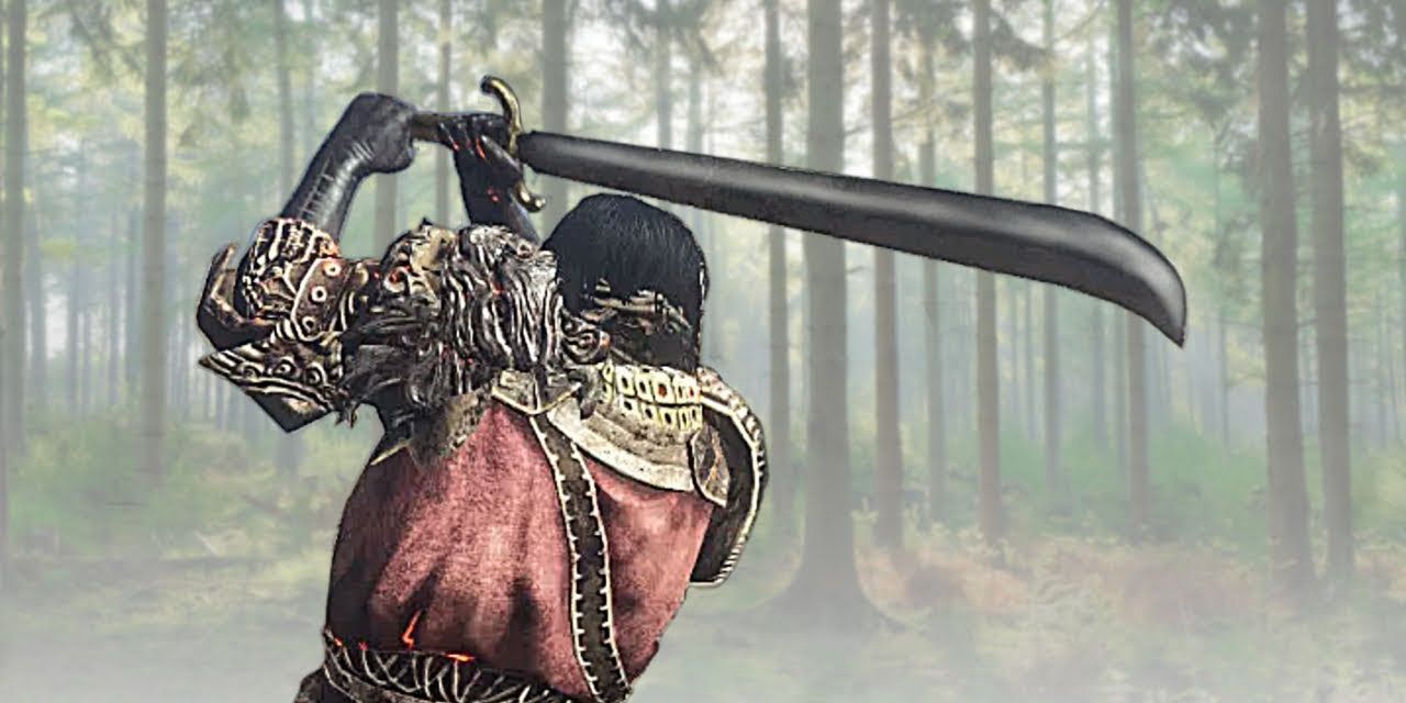 heavier curved sword held by the player in the shaded woods.