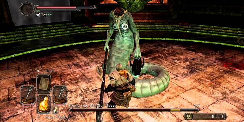 starting weapon for the cleric class being used against a boss and power stanced.