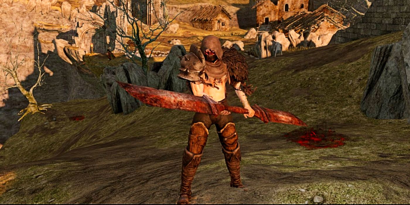 player holding a big red twinblade.