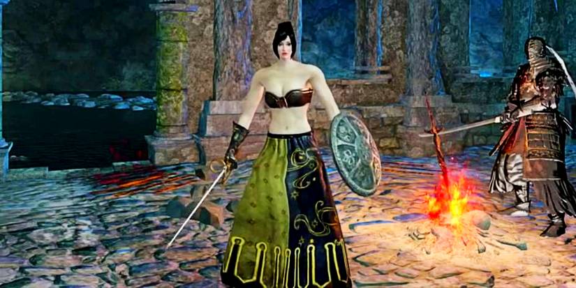 player holding ricard's rapier by a bonfire.