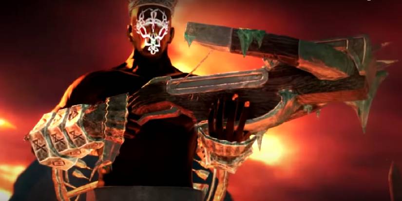 close up of a player holding a crossbow.