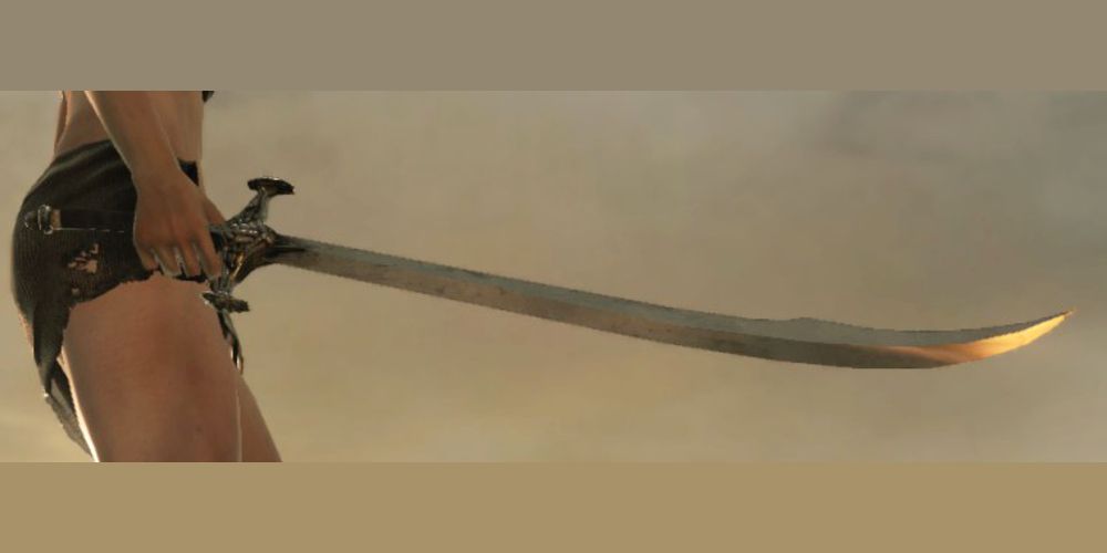 close up of the simple yet strong curbed sword.